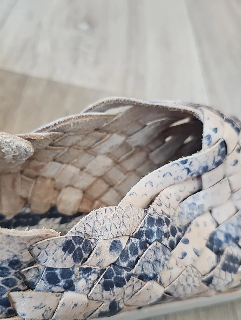 Leather Woven Hurarache Slip-On in Beige and Navy Snake Print!
